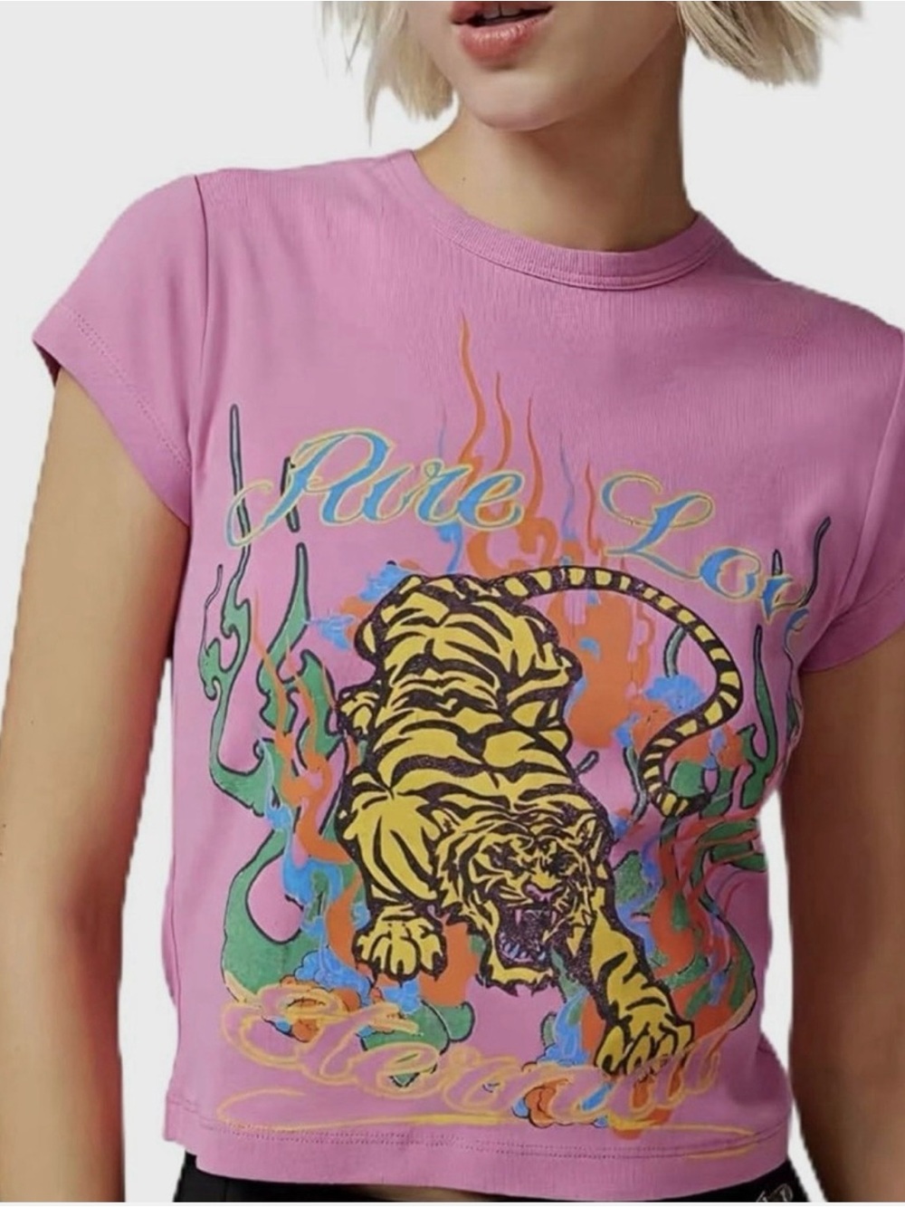 Urban Outfitters Pink Pure Love Eternal Tiger Graphic Baby Tee Crop Large L